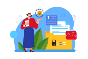 Cartoon woman standing next to the yellow file folder