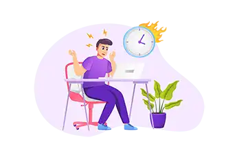 Frustrated cartoon man dressed in purple sitting in a desk with a clock hovering over his head.