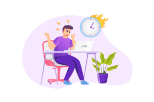 Frustrated cartoon man dressed in purple sitting in a desk with a clock hovering over his head.