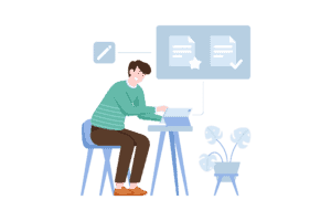 white man dressed in a green shirt and kaki pants sitting in a blue desk with two documents icons hovering over his head.